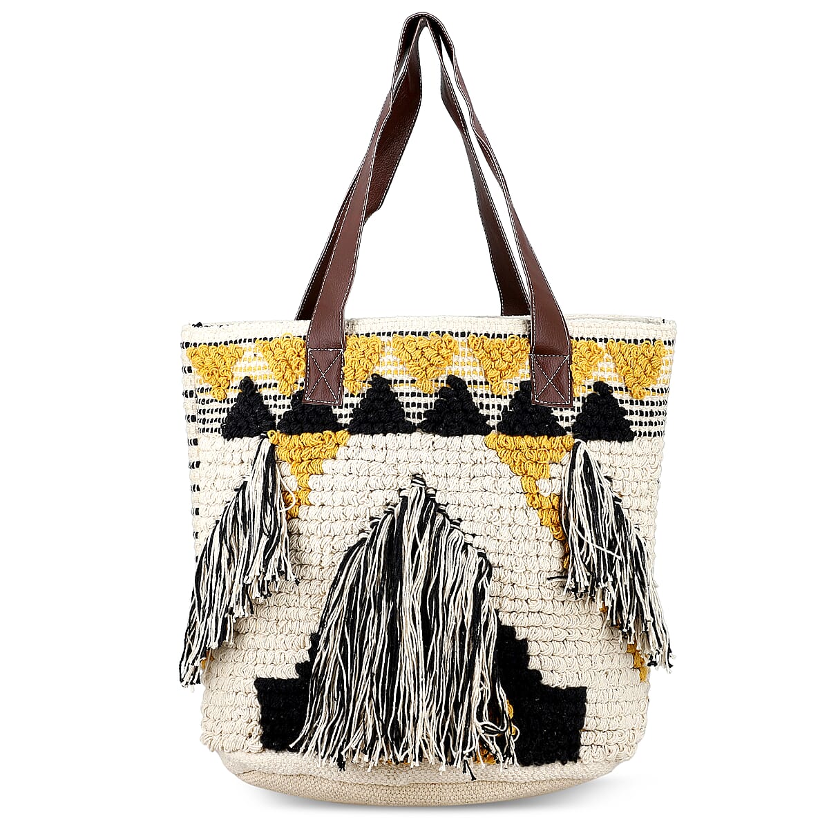 Mustard Yellow Cotton and Jacquard Tote Bag with Faux Leather Handle image number 0