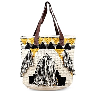 Mustard Yellow Cotton and Jacquard Tote Bag with Faux Leather Handle