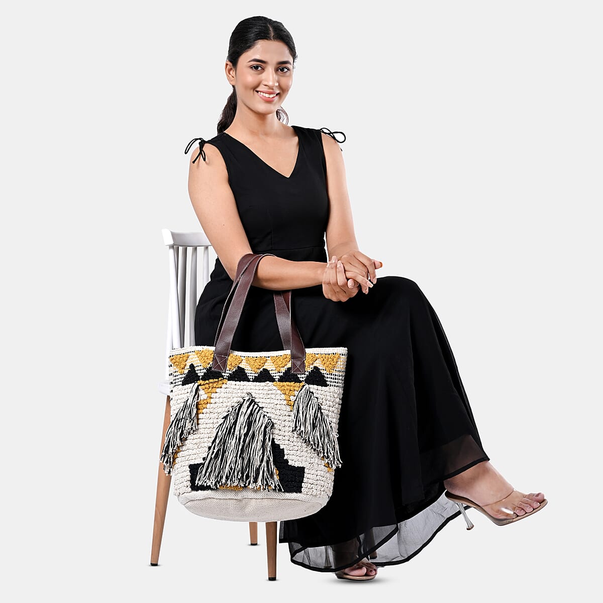 Mustard Yellow Cotton and Jacquard Tote Bag with Faux Leather Handle image number 1
