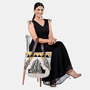 Mustard Yellow Cotton and Jacquard Tote Bag with Faux Leather Handle