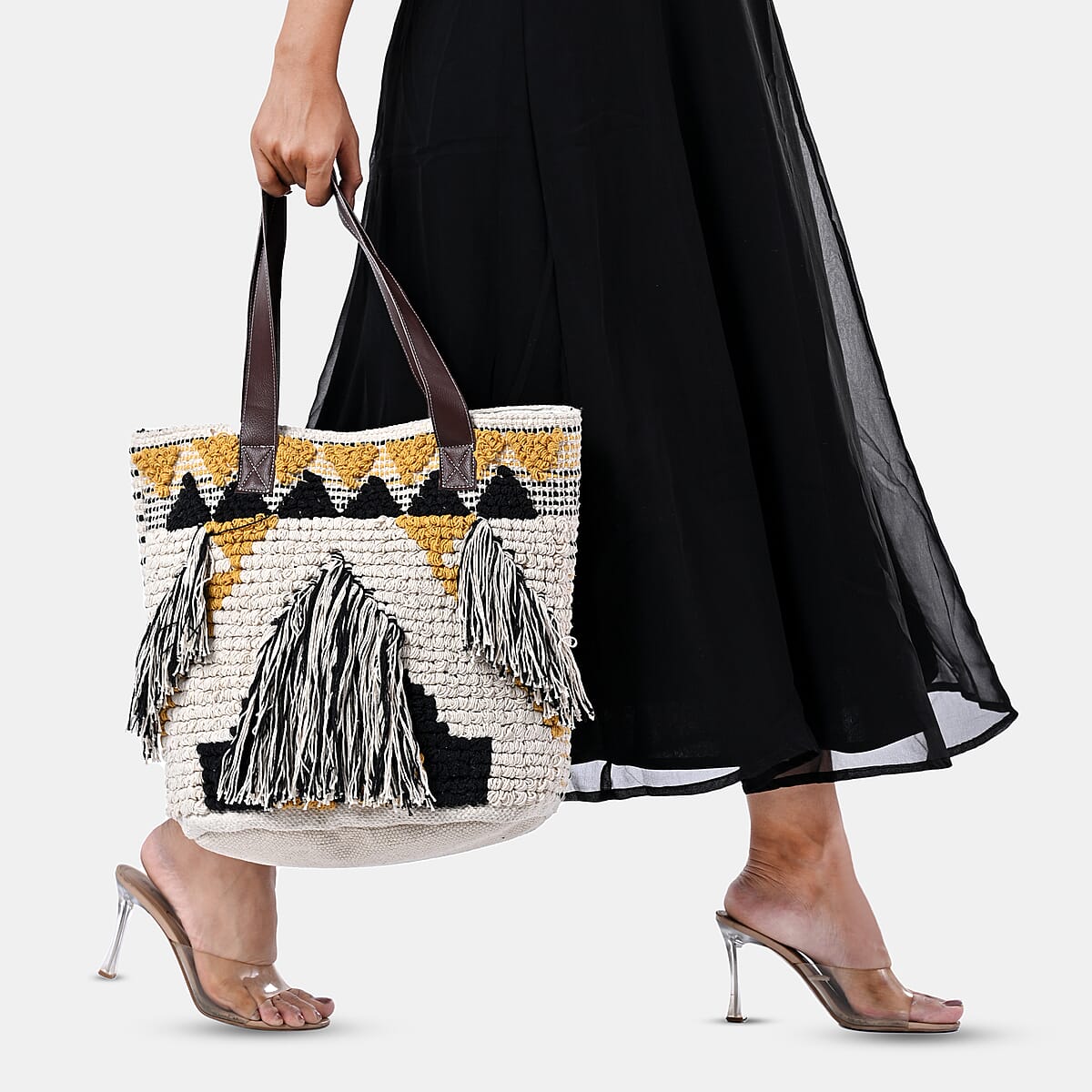 Mustard Yellow Cotton and Jacquard Tote Bag with Faux Leather Handle image number 3