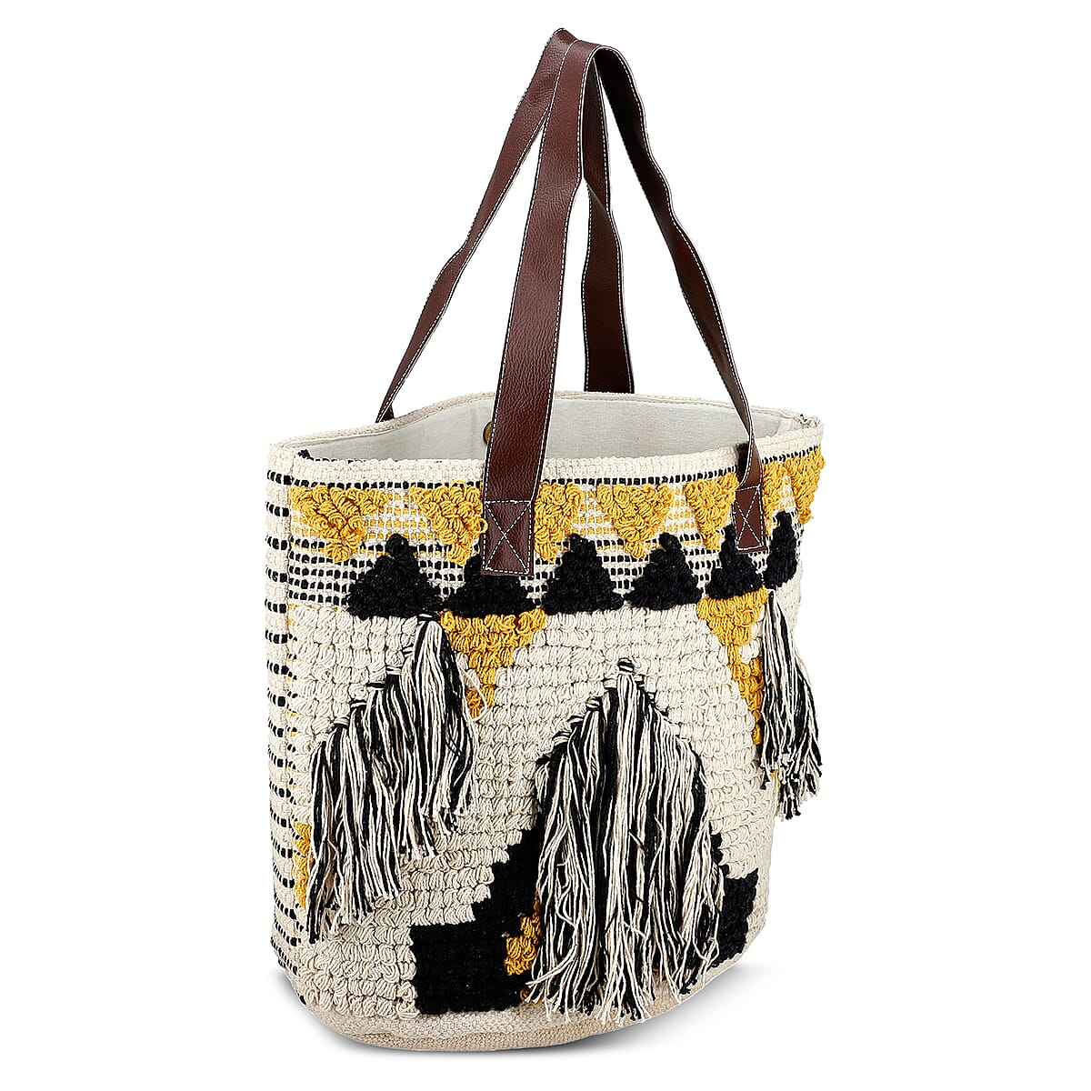 Mustard Yellow Cotton and Jacquard Tote Bag with Faux Leather Handle image number 4