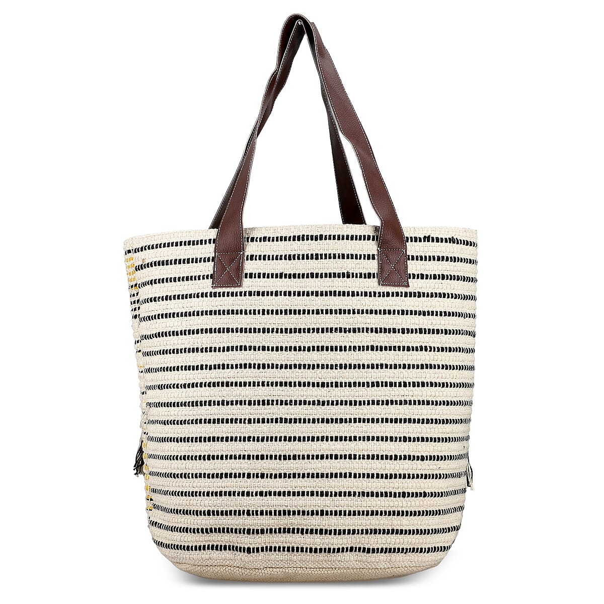 Mustard Yellow Cotton and Jacquard Tote Bag with Faux Leather Handle image number 5