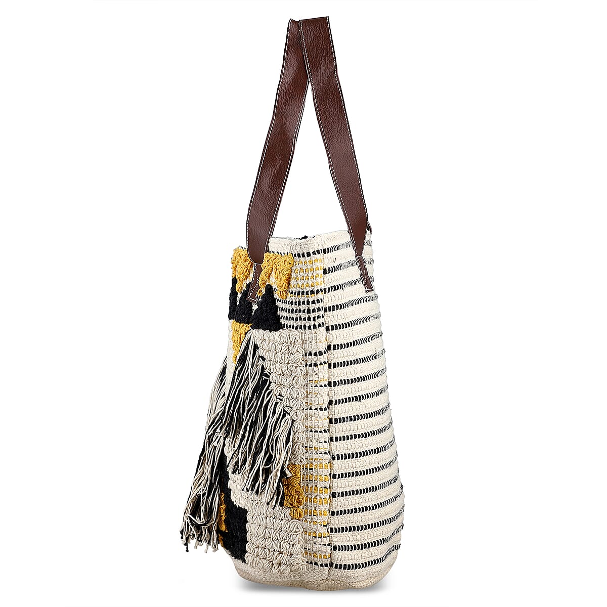 Mustard Yellow Cotton and Jacquard Tote Bag with Faux Leather Handle image number 6