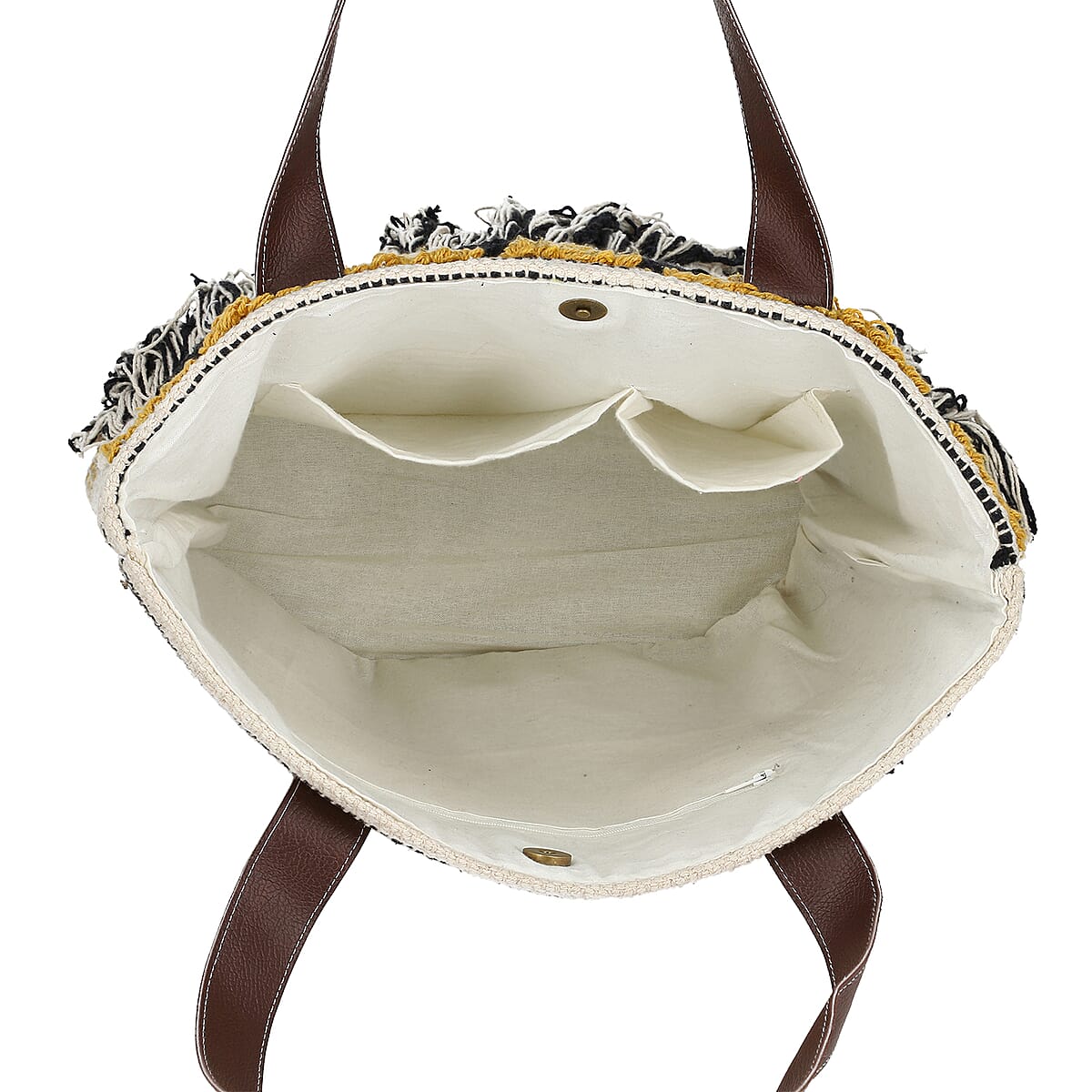 Mustard Yellow Cotton and Jacquard Tote Bag with Faux Leather Handle image number 8