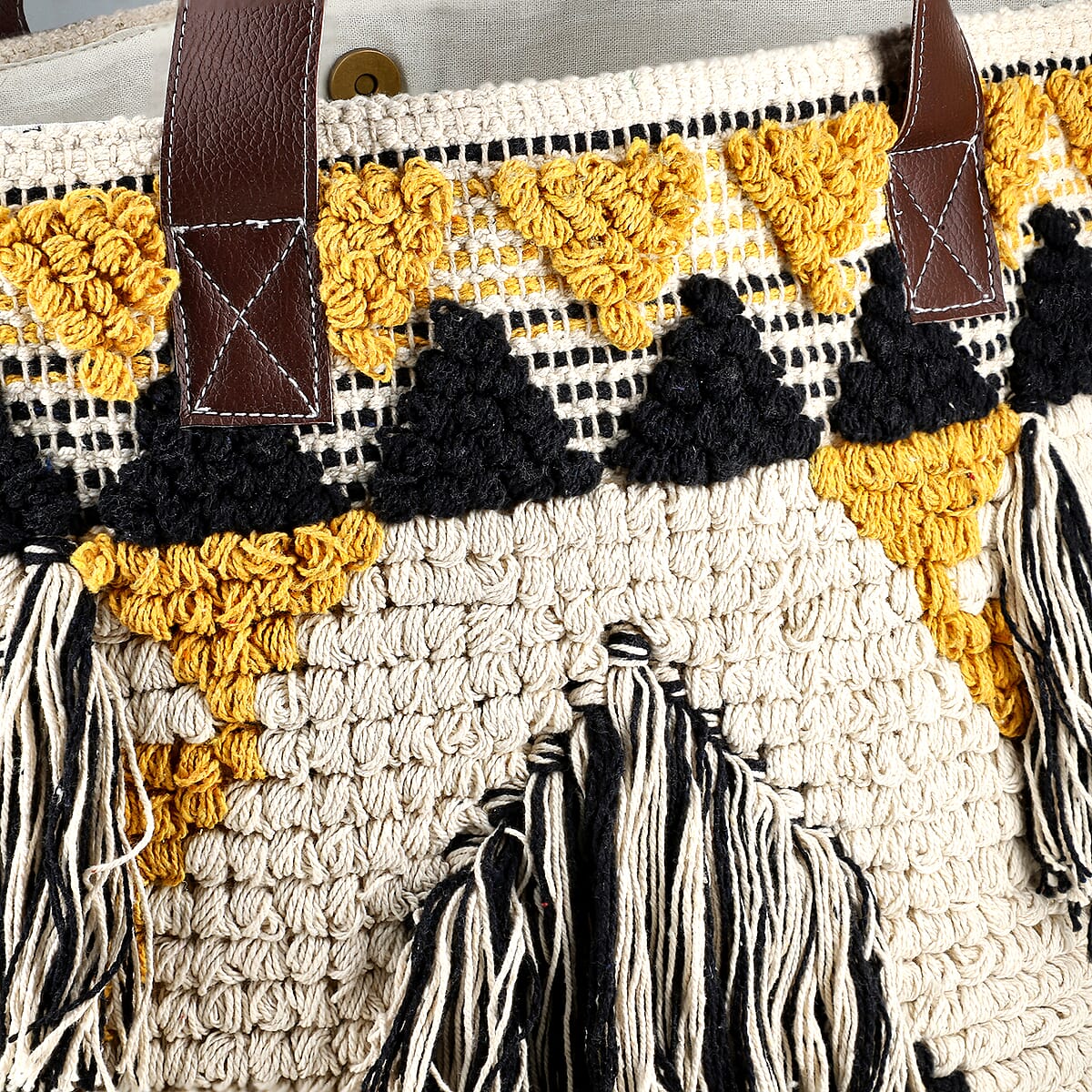 Mustard Yellow Cotton and Jacquard Tote Bag with Faux Leather Handle image number 9