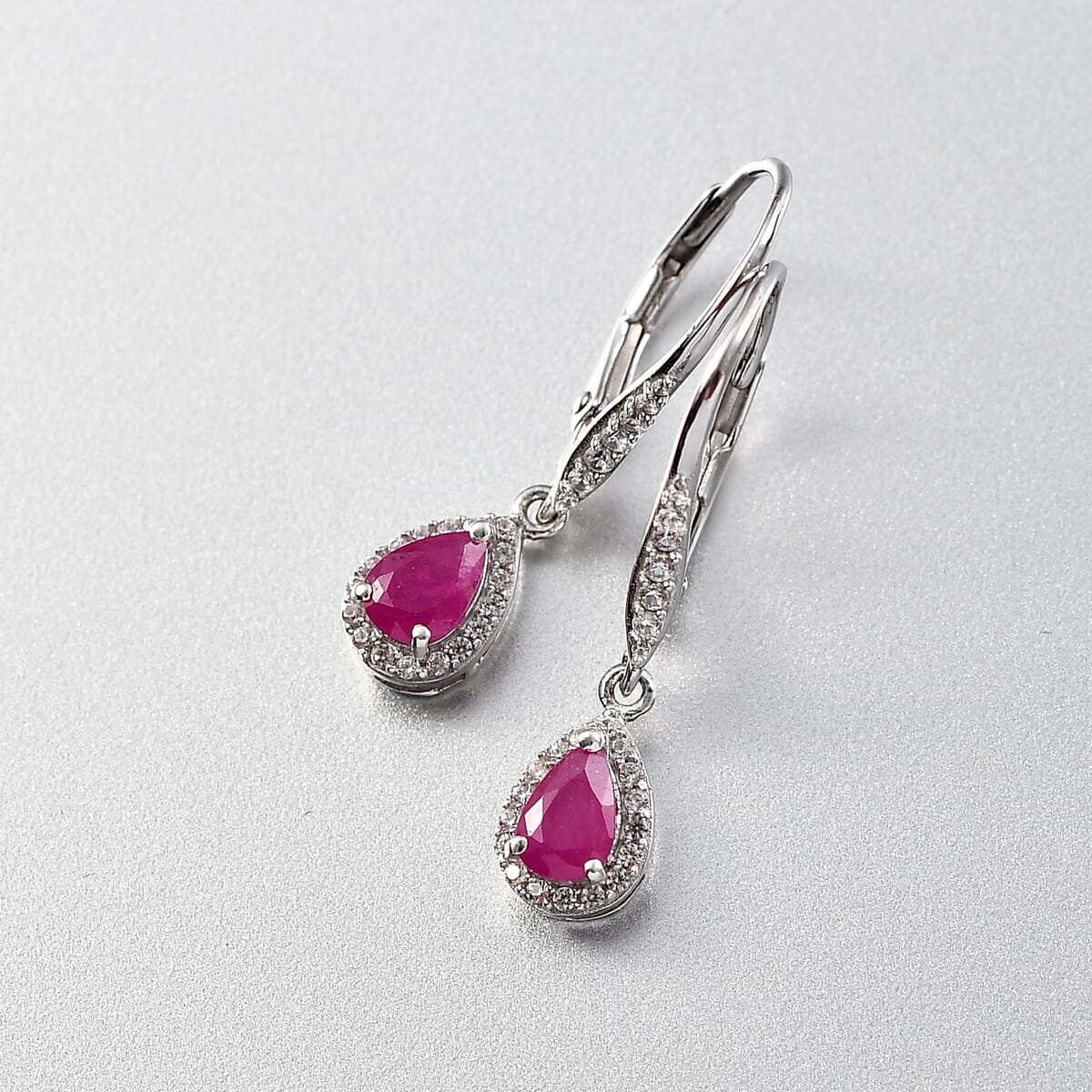 D'Joy AAA Royal Ruby and White Zircon 1.60 ctw Lever Back Earrings in Rhodium Over Sterling Silver image number 1
