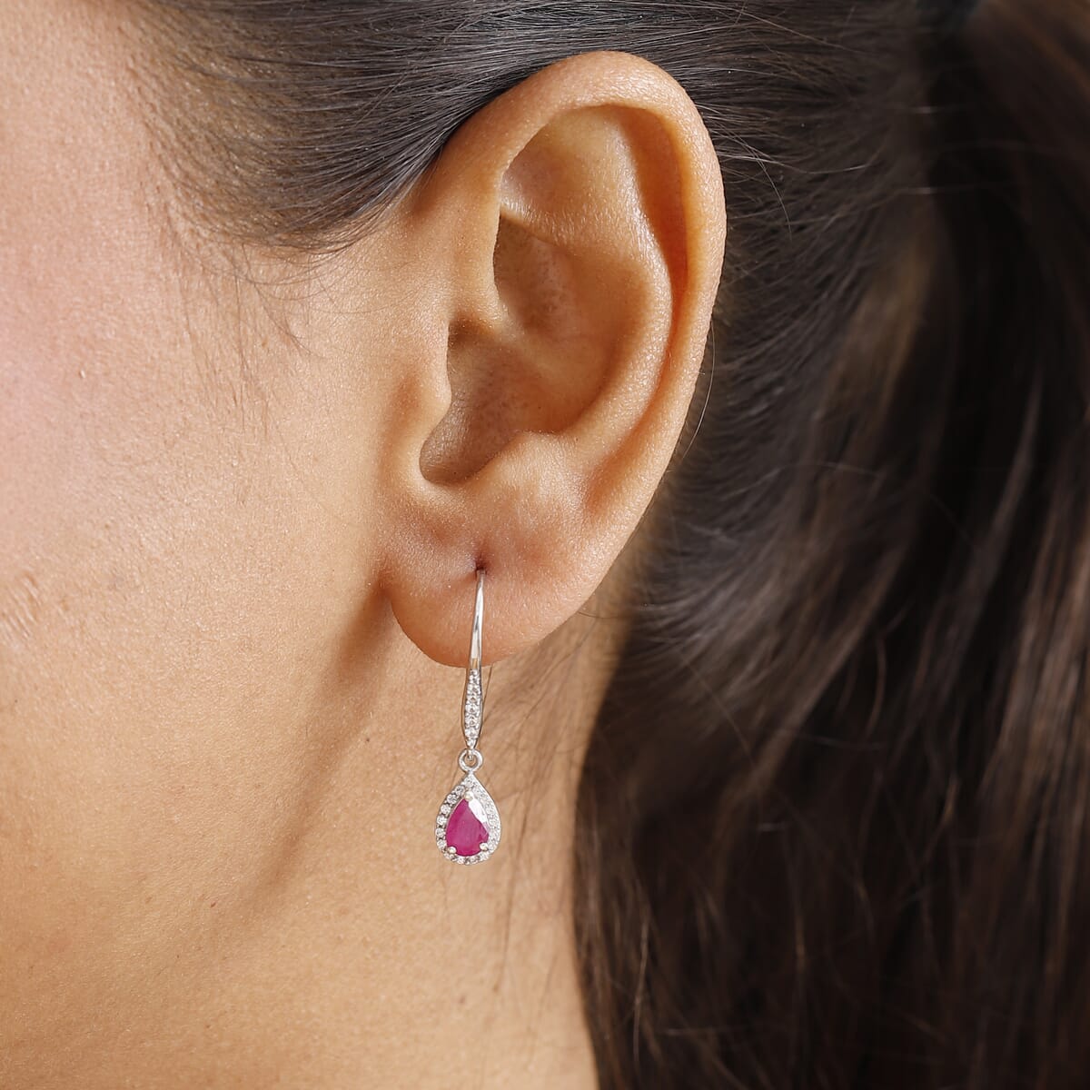 D'Joy AAA Royal Ruby and White Zircon 1.60 ctw Lever Back Earrings in Rhodium Over Sterling Silver image number 2