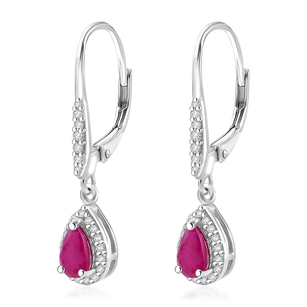 D'Joy AAA Royal Ruby and White Zircon 1.60 ctw Lever Back Earrings in Rhodium Over Sterling Silver image number 3