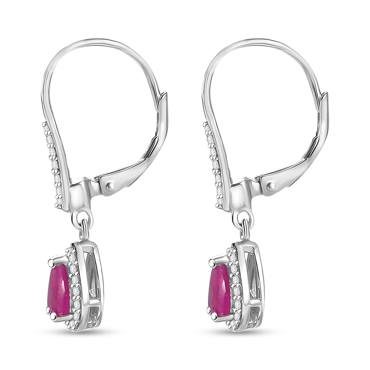 D'Joy AAA Royal Ruby and White Zircon 1.60 ctw Lever Back Earrings in Rhodium Over Sterling Silver image number 4