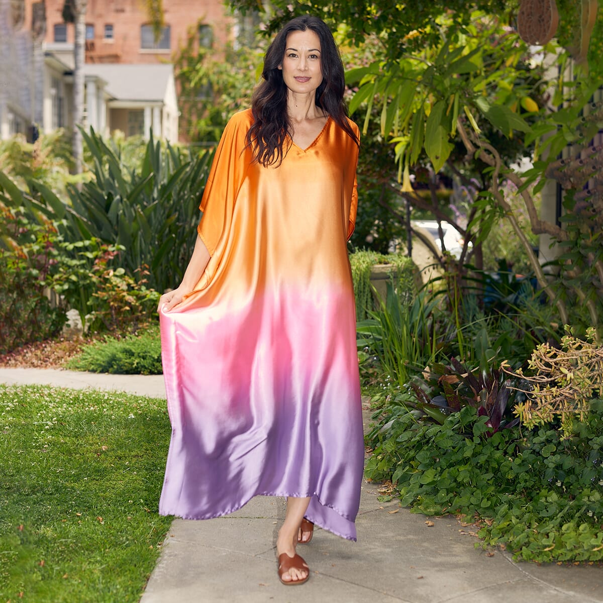 Winlar Warm Ombre Long Satin Kaftan - One Size Fits Most image number 0