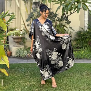 Winlar Black Floral Long Satin Kaftan - One Size Fits Most