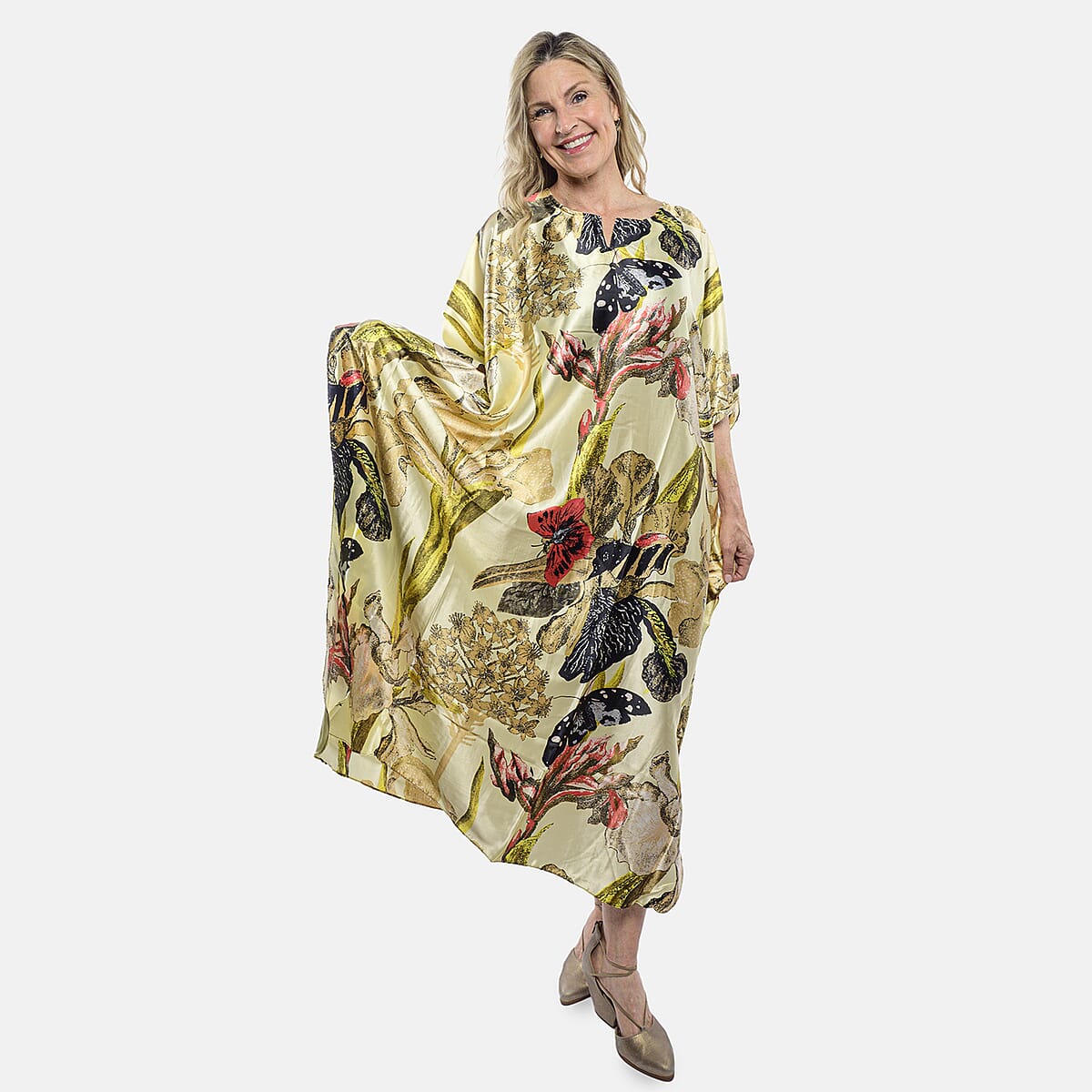 Value Buy Winlar Beige Butterfly Long Satin Kaftan - One Size Fits Most image number 0