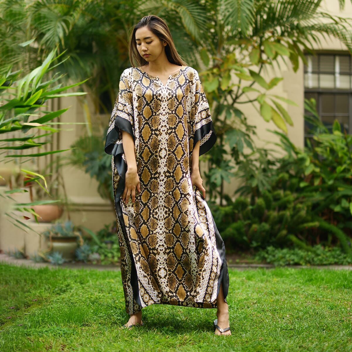 Winlar Tan Snake Long Satin Kaftan - One Size Fits Most image number 1