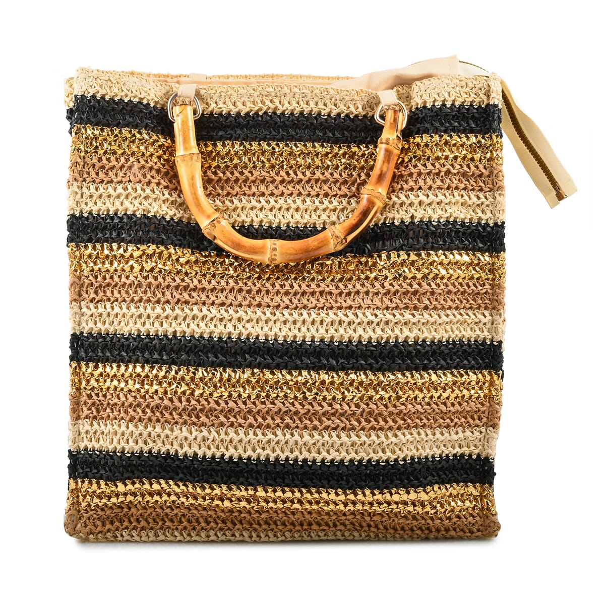 Wild Flower Cream & Multi Color Stripe Straw Handbag with Bamboo Handle (13"x4.5"x12") image number 0