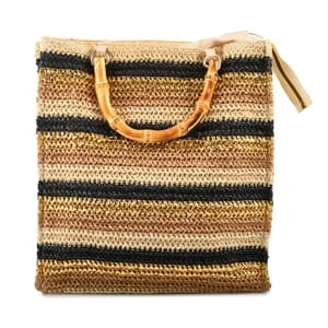 Wild Flower Cream & Multi Color Stripe Straw Handbag with Bamboo Handle