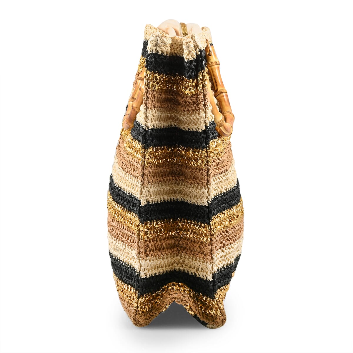 Wild Flower Cream & Multi Color Stripe Straw Handbag with Bamboo Handle (13"x4.5"x12") image number 2
