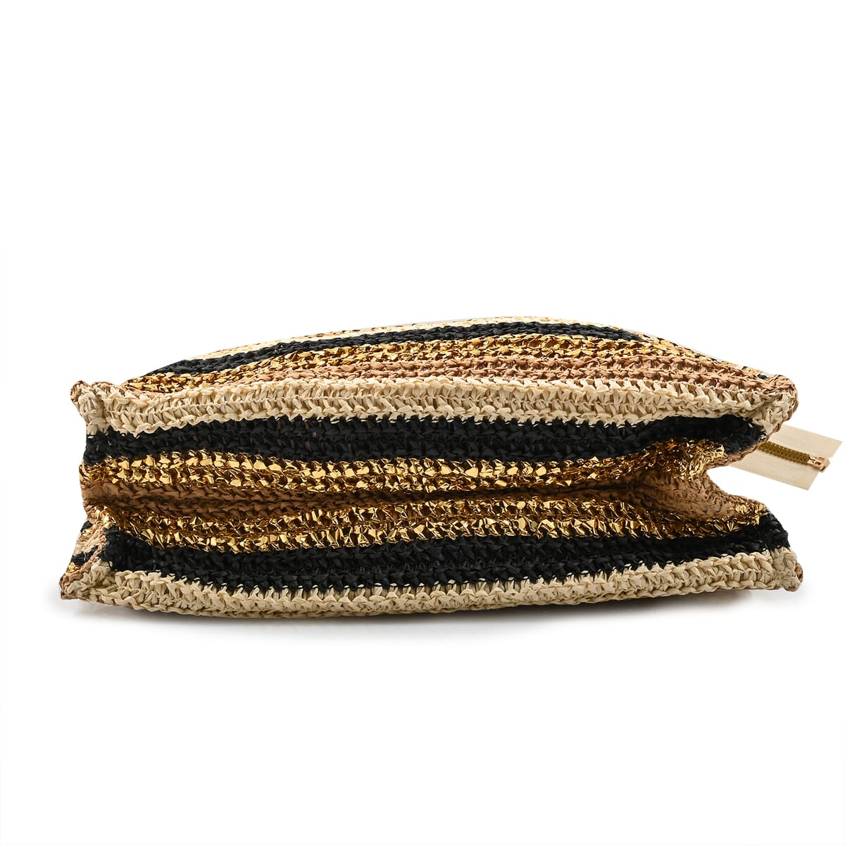 Wild Flower Cream & Multi Color Stripe Straw Handbag with Bamboo Handle (13"x4.5"x12") image number 3