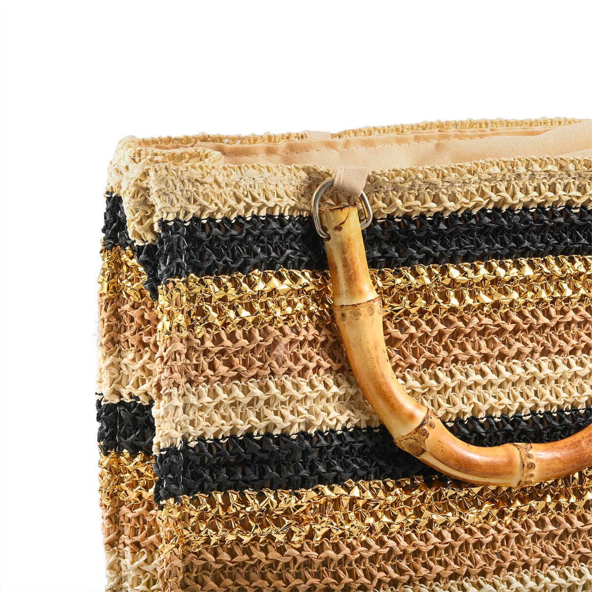 Wild Flower Cream & Multi Color Stripe Straw Handbag with Bamboo Handle (13"x4.5"x12") image number 4