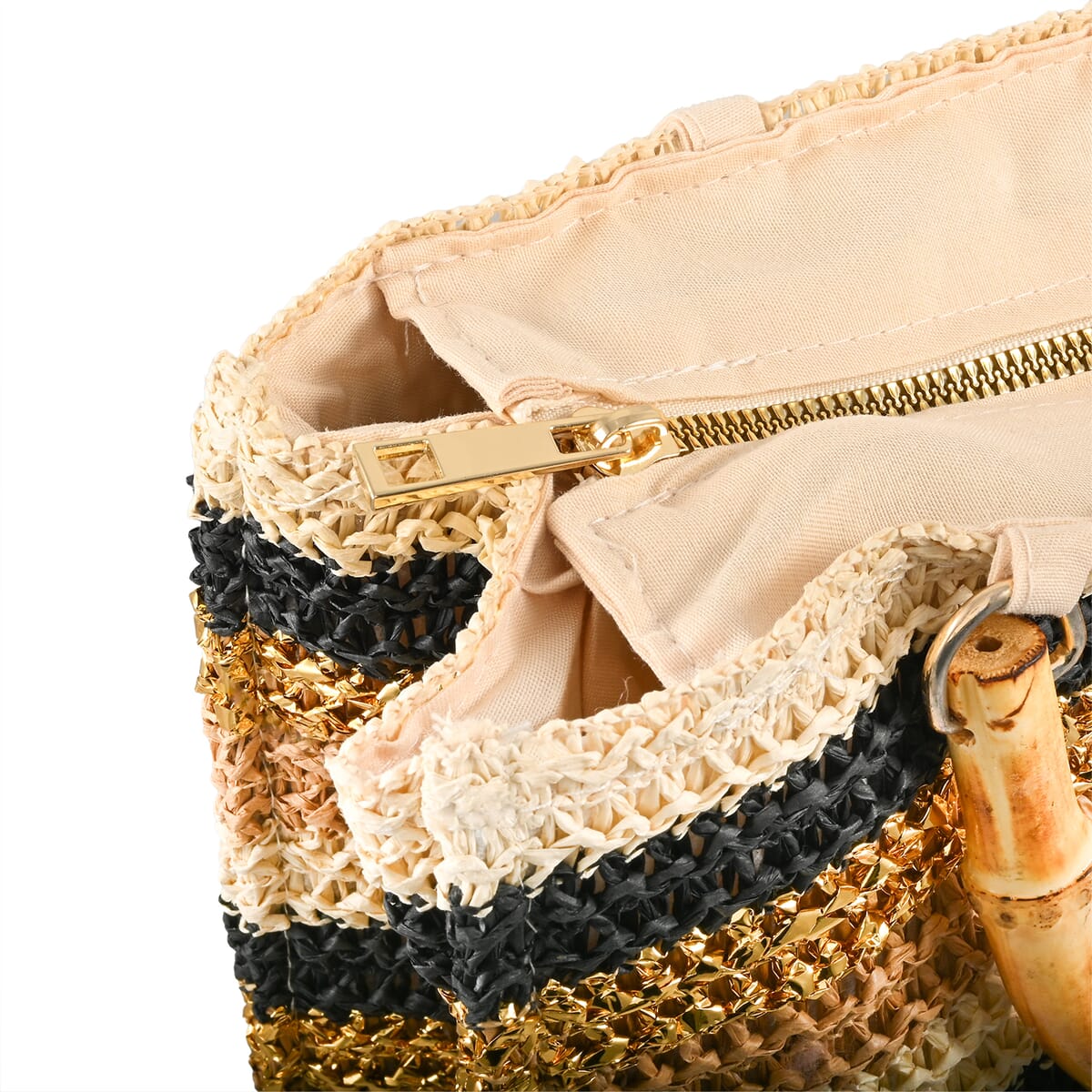 Wild Flower Cream & Multi Color Stripe Straw Handbag with Bamboo Handle (13"x4.5"x12") image number 5