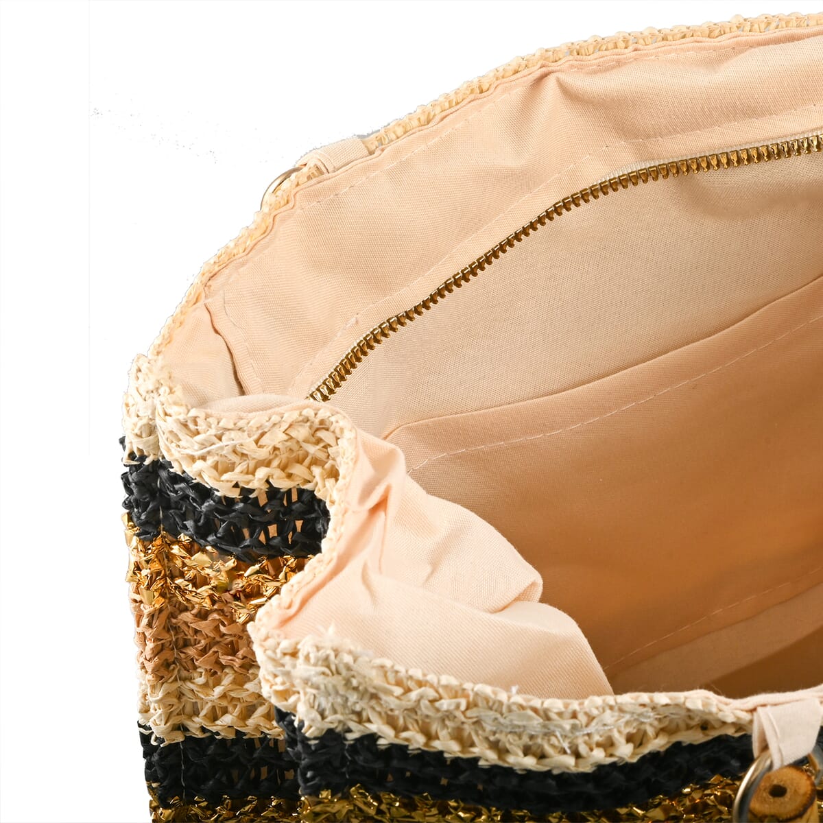 Wild Flower Cream & Multi Color Stripe Straw Handbag with Bamboo Handle (13"x4.5"x12") image number 6