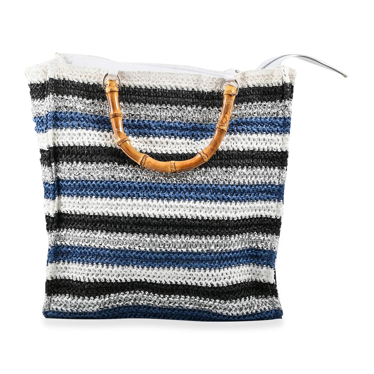 Wild Flower Navy & Multi Color Stripe Straw Handbag with Bamboo Handle image number 0
