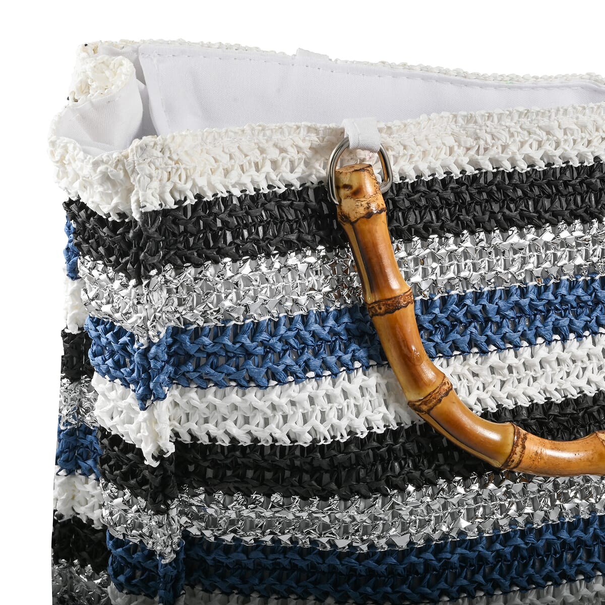 Wild Flower Navy & Multi Color Stripe Straw Handbag with Bamboo Handle image number 3