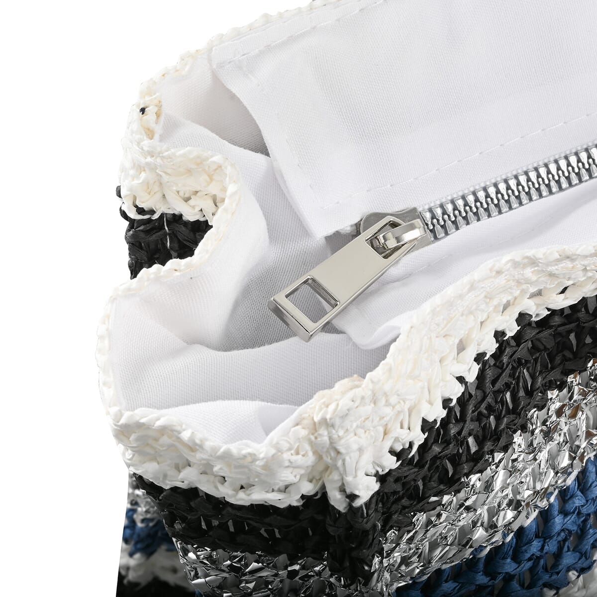 Wild Flower Navy & Multi Color Stripe Straw Handbag with Bamboo Handle image number 4