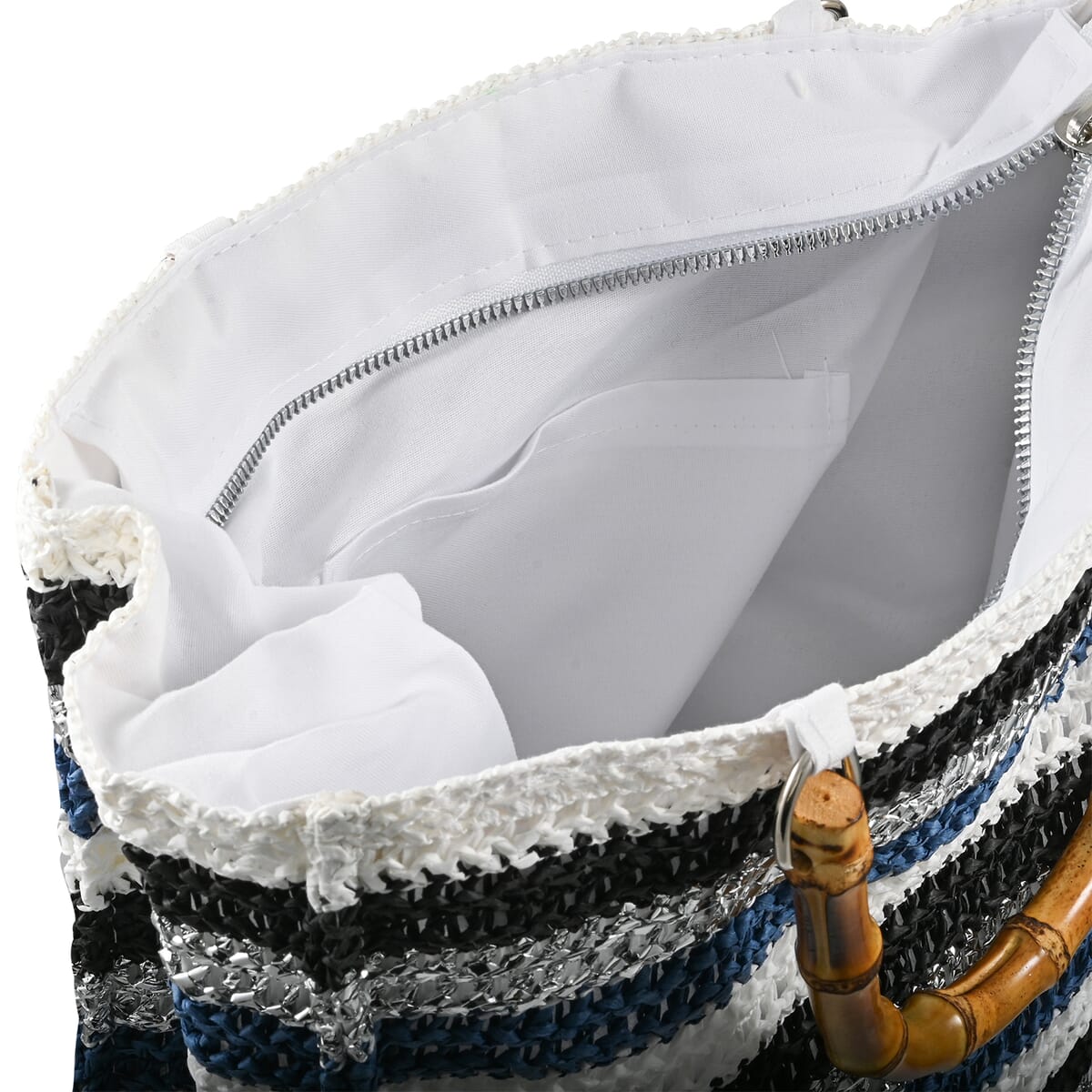 Wild Flower Navy & Multi Color Stripe Straw Handbag with Bamboo Handle image number 5