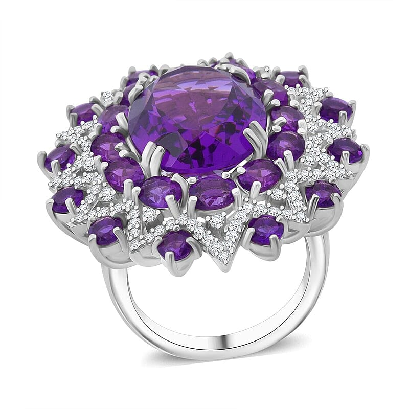 D'Joy African Amethyst and White Zircon 13.85 ctw Eclipse Royale Ring in Rhodium Over Sterling Silver (Size 10.0)