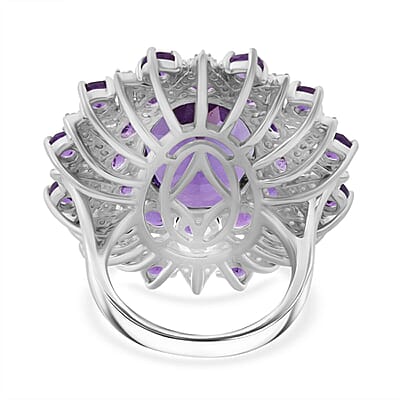 D'Joy African Amethyst and White Zircon 13.85 ctw Eclipse Royale Ring in Rhodium Over Sterling Silver (Size 10.0)