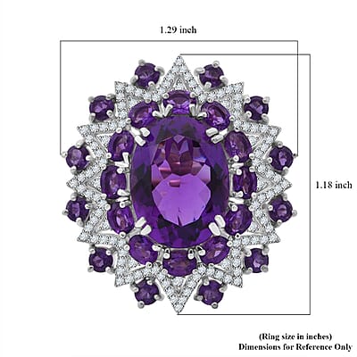 D'Joy African Amethyst and White Zircon 13.85 ctw Eclipse Royale Ring in Rhodium Over Sterling Silver (Size 10.0)