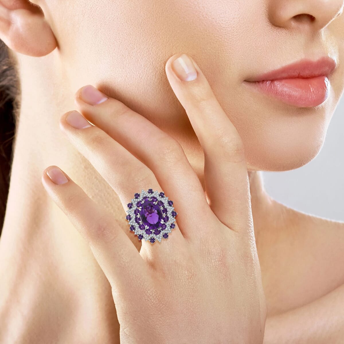 African Amethyst and White Zircon 13.85 ctw Eclipse Royale Ring in Rhodium Over Sterling Silver (Size 6.0) image number 1