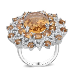 Brazilian Citrine and White Zircon 13.20 ctw Eclipse Royale Ring in Rhodium Over Sterling Silver (Size 10.0)
