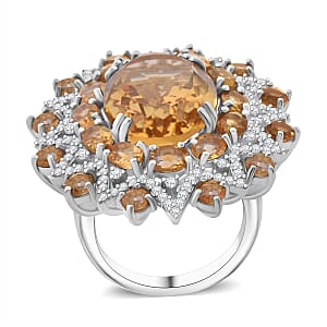 Brazilian Citrine, White Zircon Floral Ring in Rhodium Over Sterling Silver (Size 11.0) 13.20 ctw