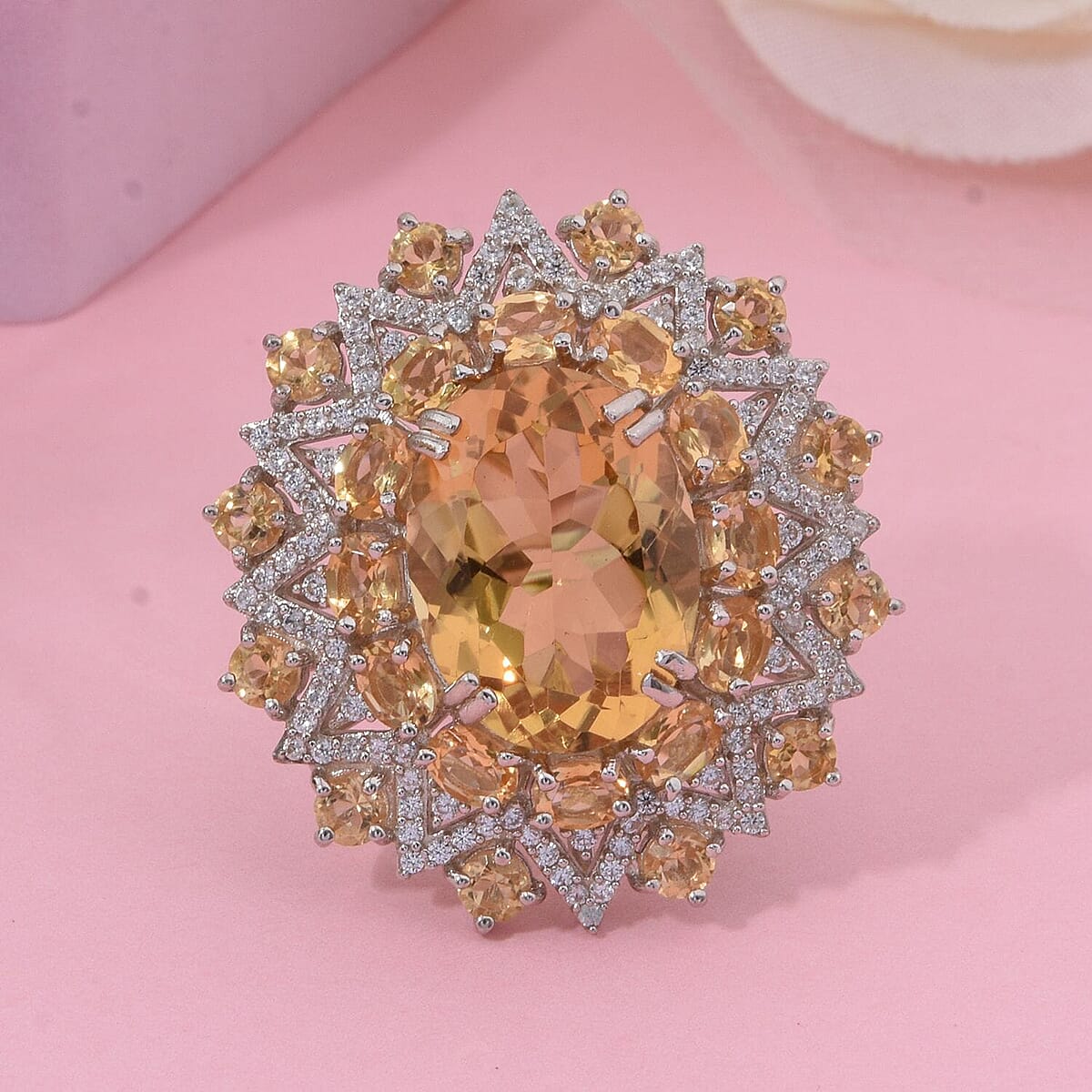 Brazilian Citrine, White Zircon Floral Ring in Rhodium Over Sterling Silver (Size 11.0) 13.20 ctw image number 1
