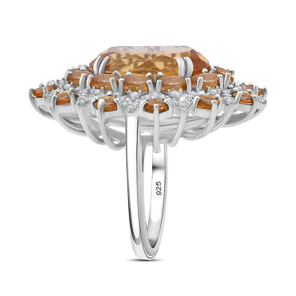 Brazilian Citrine, White Zircon Floral Ring in Rhodium Over Sterling Silver (Size 11.0) 13.20 ctw image number 3