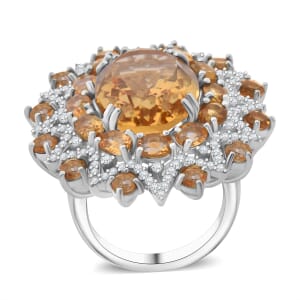Brazilian Citrine and White Zircon 13.20 ctw Eclipse Royale Ring in Rhodium Over Sterling Silver (Size 7.0)