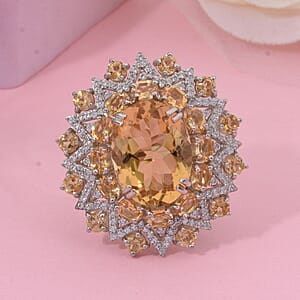 D'Joy Brazilian Citrine and White Zircon 13.20 ctw Eclipse Royale Ring in Rhodium Over Sterling Silver (Size 7.0)