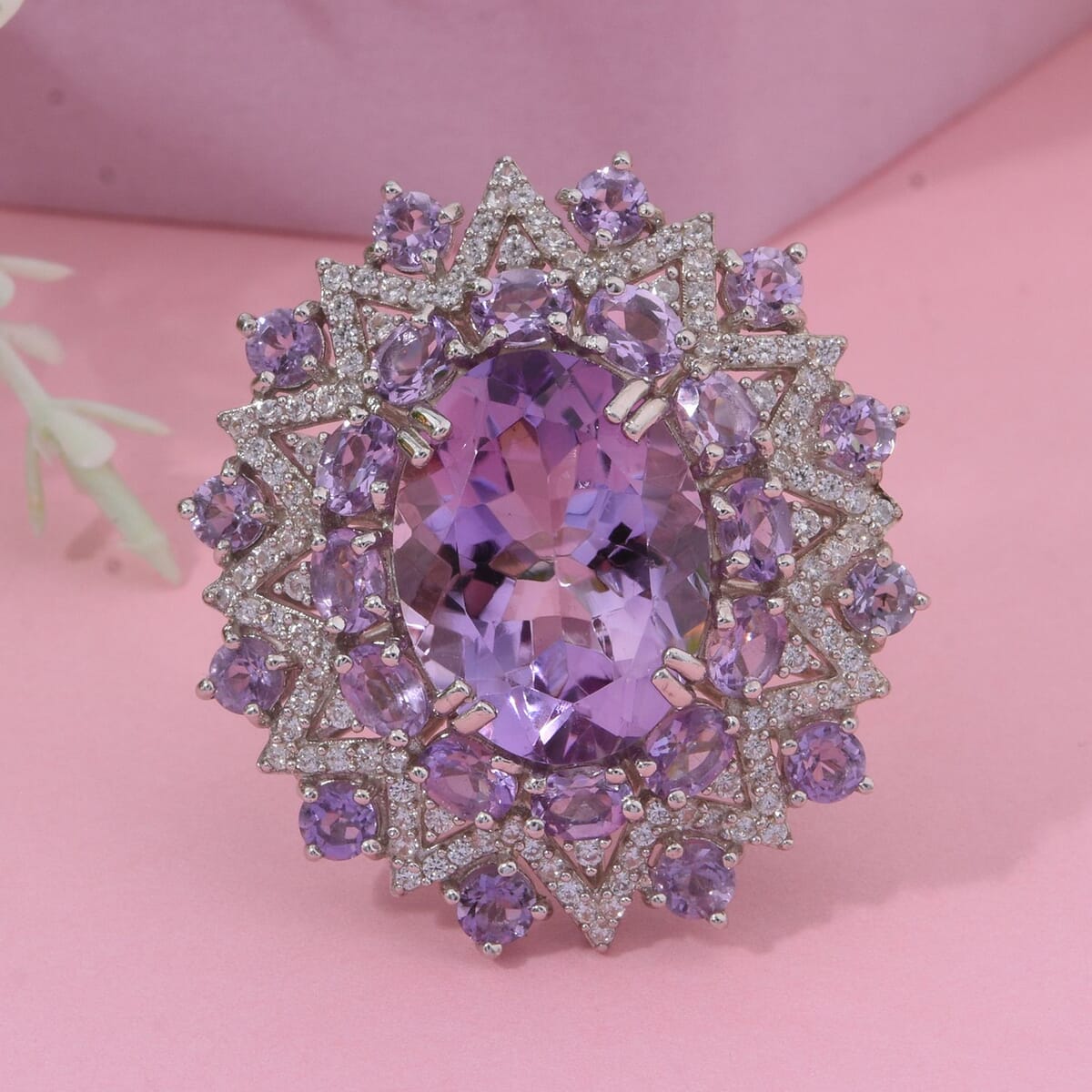 Rose De France Amethyst and White Zircon 13.00 ctw Eclipse Royale Ring in Rhodium Over Sterling Silver (Size 10.0) image number 1
