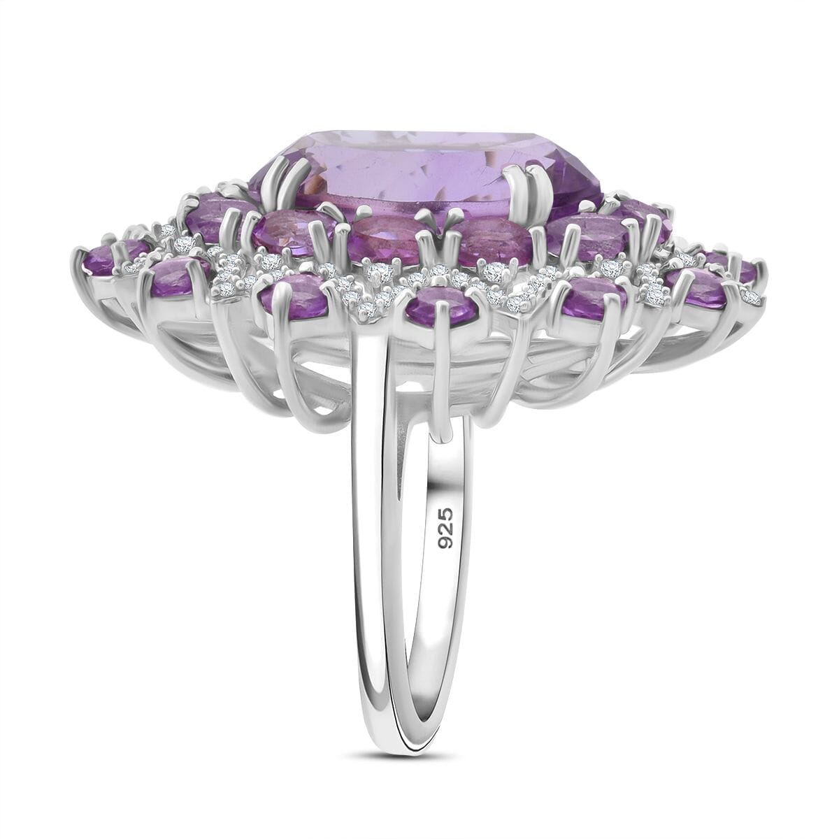 Rose De France Amethyst and White Zircon 13.00 ctw Eclipse Royale Ring in Rhodium Over Sterling Silver (Size 10.0) image number 3