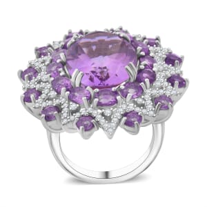 Rose De France Amethyst and White Zircon 13.00 ctw Eclipse Royale Ring in Rhodium Over Sterling Silver (Size 8.0)