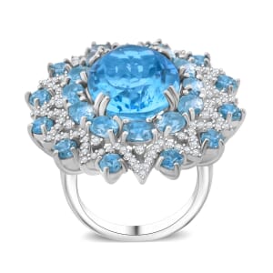 Sky Blue Topaz and White Zircon 15.30 ctw Eclipse Royale Ring in Rhodium Over Sterling Silver (Size 7.0)