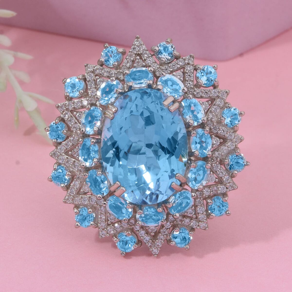 Sky Blue Topaz and White Zircon 15.30 ctw Eclipse Royale Ring in Rhodium Over Sterling Silver (Size 7.0) image number 1