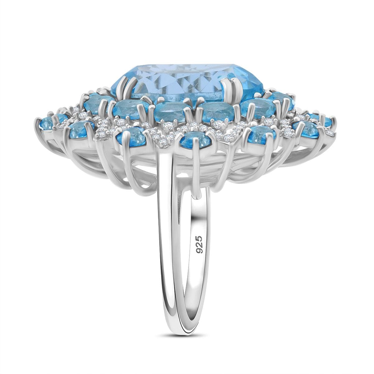 Sky Blue Topaz and White Zircon 15.30 ctw Eclipse Royale Ring in Rhodium Over Sterling Silver (Size 7.0) image number 3