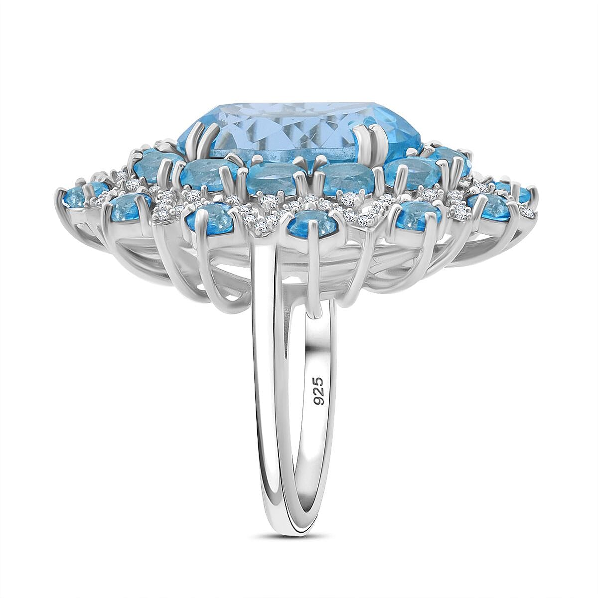 Sky Blue Topaz and White Zircon 15.30 ctw Eclipse Royale Ring in Rhodium Over Sterling Silver (Size 9.0) image number 3