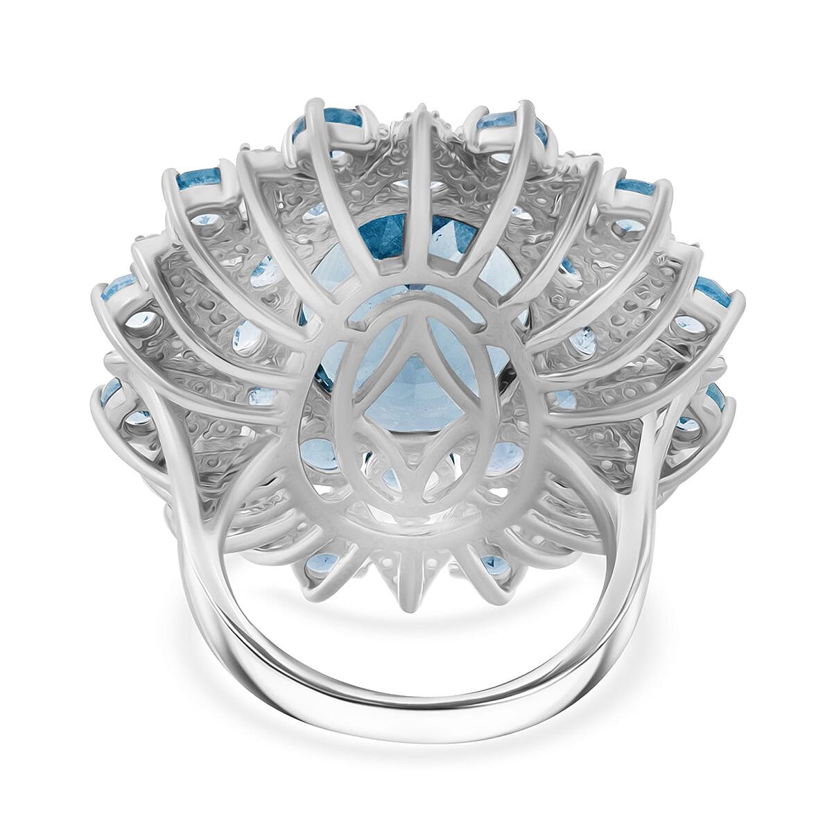Sky Blue Topaz and White Zircon 15.30 ctw Eclipse Royale Ring in Rhodium Over Sterling Silver (Size 9.0) image number 4