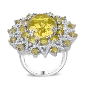 Green Gold Quartz and White Zircon 13.70 ctw Eclipse Royale Ring in Rhodium Over Sterling Silver (Size 8.0)