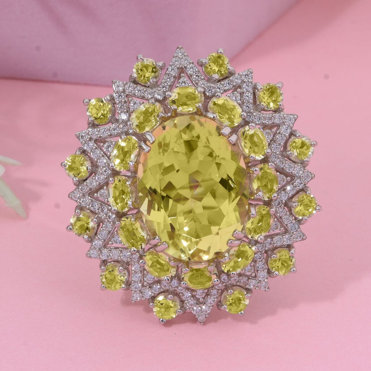 Green Gold Quartz and White Zircon 13.70 ctw Eclipse Royale Ring in Rhodium Over Sterling Silver (Size 8.0) image number 1