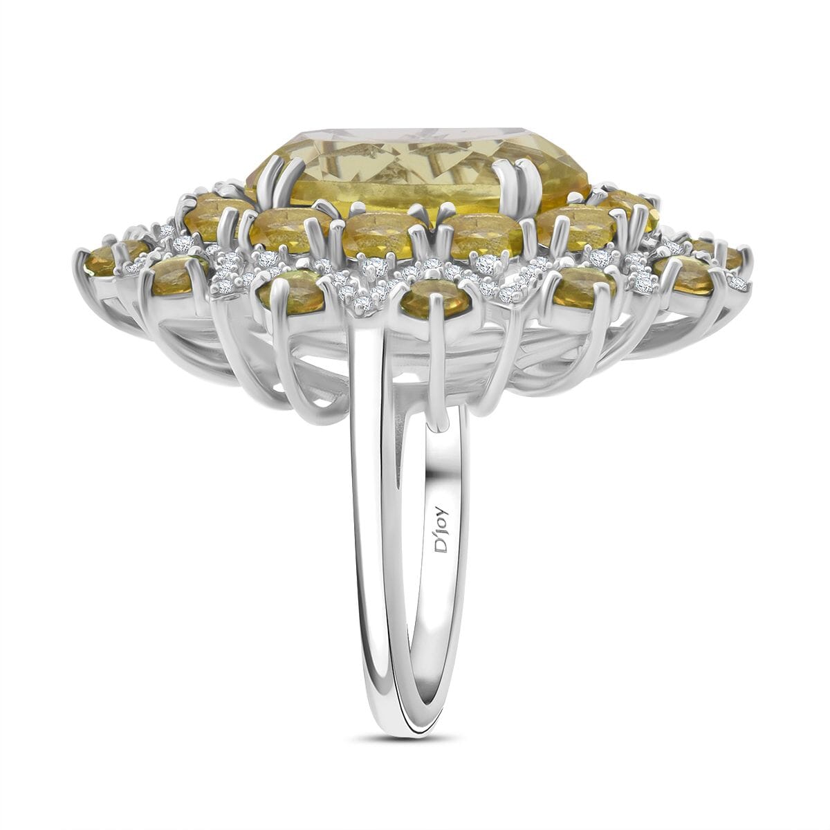 Green Gold Quartz and White Zircon 13.70 ctw Eclipse Royale Ring in Rhodium Over Sterling Silver (Size 8.0) image number 3
